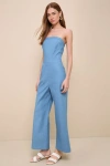 Lulus Lovely Sunshine Medium Wash Strapless Straight Leg Jumpsuit In Blue