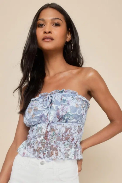 Lulus Lovely Sweetness Light Blue Floral Lace Strapless Smocked Top