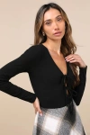Lulus Lovely Ties Black Ribbed Knit Tie-front Long Sleeve Bodysuit In Black