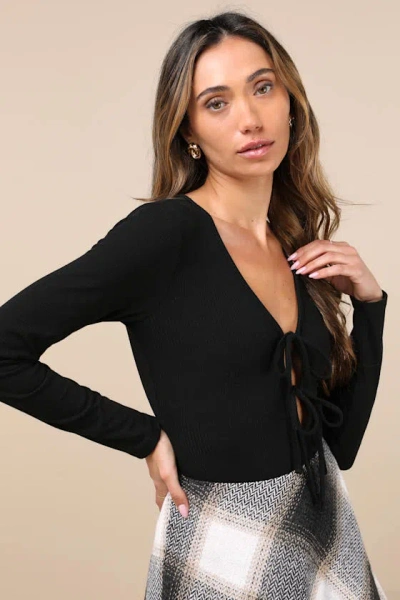 Lulus Lovely Ties Black Ribbed Knit Tie-front Long Sleeve Bodysuit