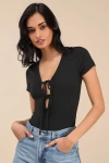 Lulus Lovely Ties Black Ribbed Knit Tie-front Short Sleeve Bodysuit In Black