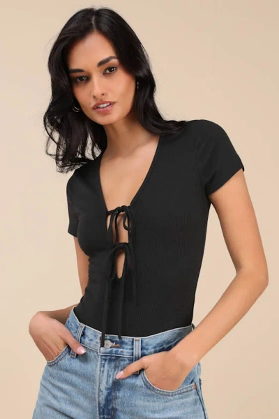 Lulus Lovely Ties Black Ribbed Knit Tie-front Short Sleeve Bodysuit