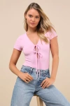Lulus Lovely Ties Pink Ribbed Knit Tie-front Short Sleeve Bodysuit In Pink