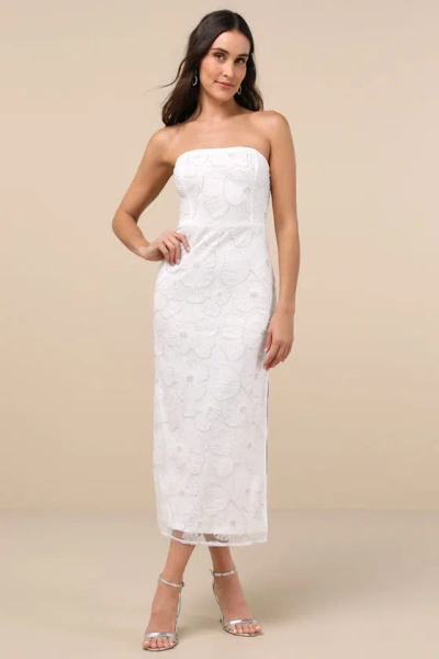 Lulus Loving Mentality White Tulle Beaded Strapless Midi Dress