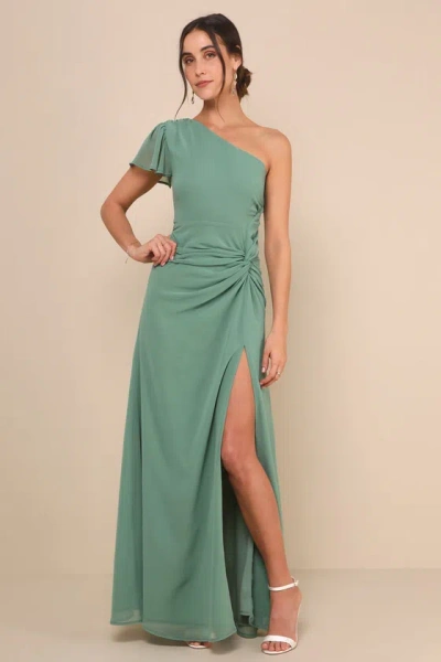 Lulus Loving Twist Sage Green One-shoulder Twist-front Maxi Dress