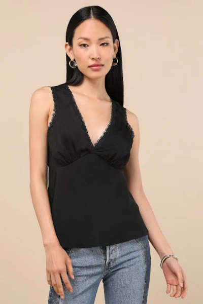 Lulus Lowenna Black Satin Lace Tank Top