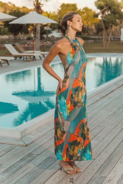 Lulus Luala Turquoise Multi Print Plisse Backless Maxi Dress In Blue