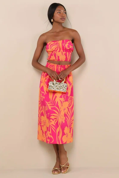 Lulus Luana Pink And Orange Floral High-rise Midi Skirt