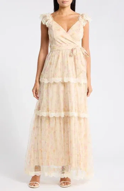 Lulus Lucia Cap Sleeve Lace Tiered Maxi Dress In Burgundy