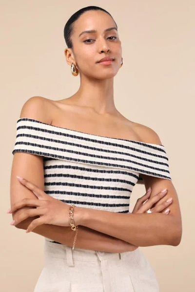 Lulus Lucilia Cream Striped Textured Knit Off-the-shoulder Top In White