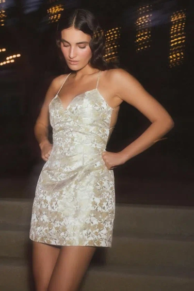 Lulus Lucille Light Yellow Floral Jacquard Lace-up Mini Dress In Multi