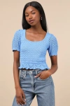 Lulus Lucky Cutie Blue Crochet Short Sleeve Sweater Top In Blue
