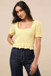 Lulus Lucky Cutie Bright Yellow Crochet Short Sleeve Sweater Top In Bright Yellow