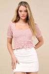 Lulus Lucky Cutie Dusty Pink Crochet Short Sleeve Sweater Top In Pink