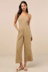 Lulus Lucky For Me Beige Cotton Sleeveless Cropped Jumpsuit In Beige