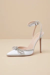 Lulus Lullie Light Blue Satin Rhinestone Ankle Strap Pointed-toe Pumps In Light Blue
