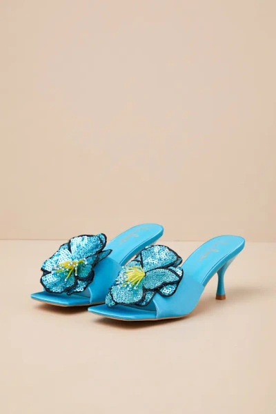 Lulus Lumena Turquoise Satin Flower High Heel Slide Sandals