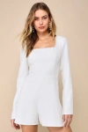 LULUS LUMINOUS AESTHETIC WHITE PEARL BOW LONG SLEEVE ROMPER