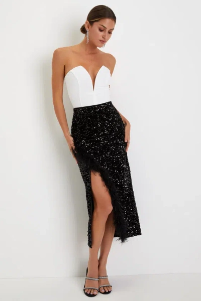 Lulus Luminous Aura Black Sequin Feather High Rise Tulip Midi Skirt