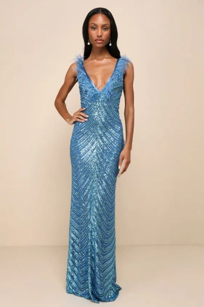 Lulus Luminous Muse Blue Sequin Feather Backless Mermaid Maxi Dress