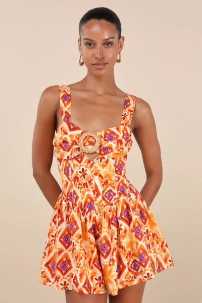Lulus Luniper Orange Multi Boho Print Basque Waist Romper