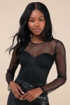 Lulus Luxe Agenda Black Sheer Mesh Polka Dot Pleated Bustier Bodysuit In Black