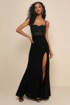 Lulus Luxe Allure Black Beaded Rhinestone Bustier Maxi Dress In Black