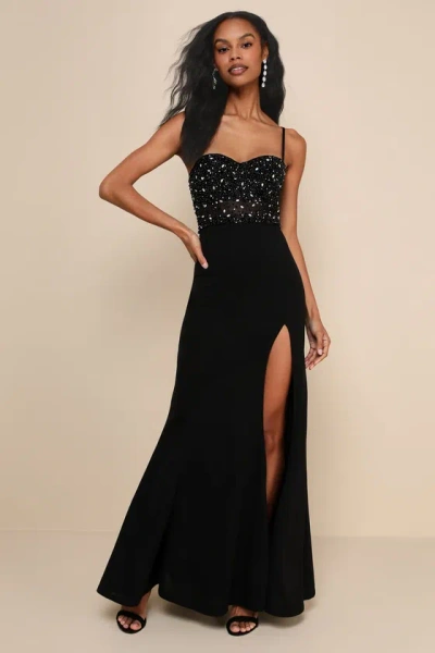 Lulus Luxe Allure Black Beaded Rhinestone Bustier Maxi Dress