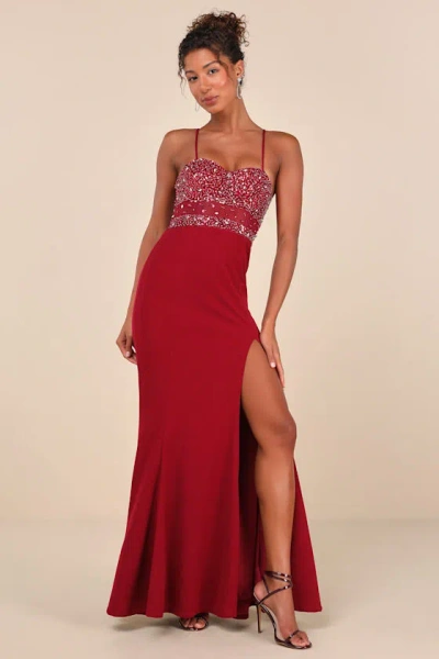 Lulus Luxe Allure Wine Red Beaded Rhinestone Bustier Maxi Dress