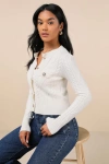 Lulus Luxe Composure Ivory Cable Knit Long Sleeve Cardigan Sweater In Ivory