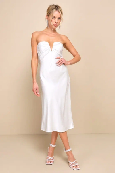 Lulus Luxe Crush White Satin Rhinestone Bow Strapless Midi Dress