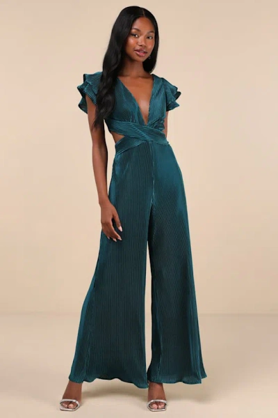 Lulus Luxe Decision Dark Teal Plisse Satin Cutout Wide-leg Jumpsuit