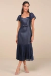 LULUS LUXE FEELINGS NAVY TAFFETA FLUTTER SLEEVE TIERED MIDI DRESS