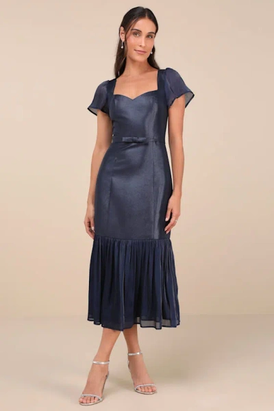 Lulus Luxe Feelings Navy Taffeta Flutter Sleeve Tiered Midi Dress