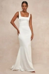 Lulus Luxe Loveliness White Satin Backless Mermaid Maxi Dress In White