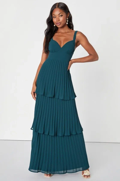 Lulus Luxe Perfection Emerald Green Pleated Tiered Backless Maxi Dress