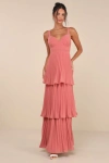 Lulus Luxe Perfection Rusty Rose Pleated Tiered Backless Maxi Dress In Pink