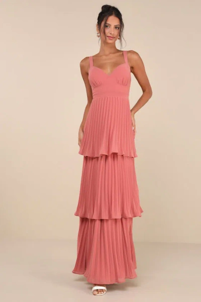 Lulus Luxe Perfection Rusty Rose Pleated Tiered Backless Maxi Dress In Pink