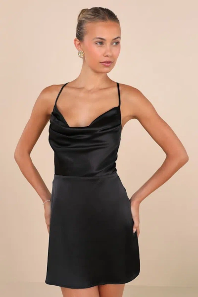 Lulus Luxe Reputation Black Satin Sleeveless Cowl Neck Mini Dress
