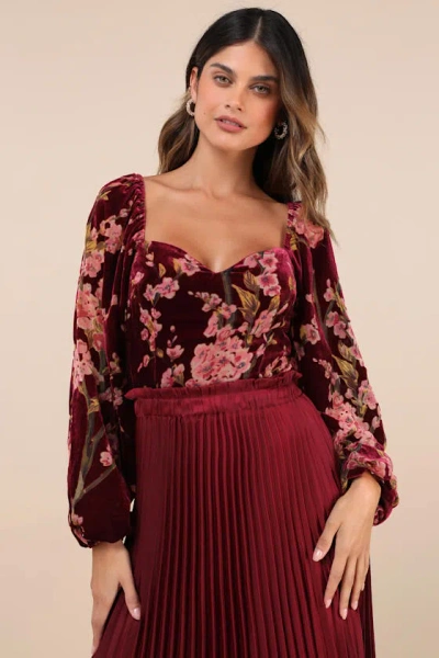 Lulus Luxe Romance Burgundy Velvet Floral Burnout Long Sleeve Bodysuit