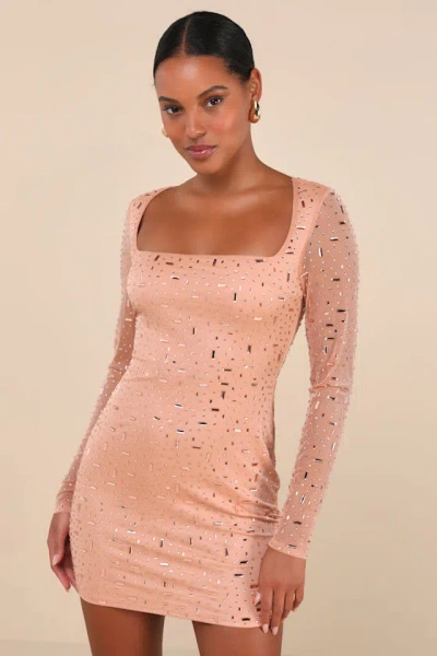 Lulus Luxe Statement Tan Rhinestone Mesh Long Sleeve Mini Dress
