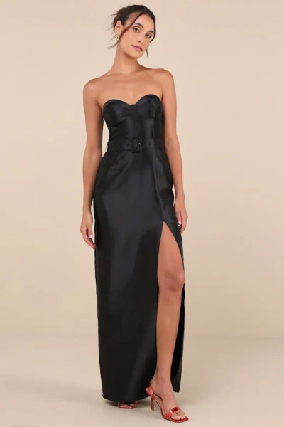 Lulus Luxe Sweetie Black Taffeta Belted Strapless Maxi Dress