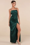Lulus Luxurious Marvel Emerald Satin Ruched Column Maxi Dress In Green