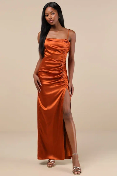 Lulus Luxurious Marvel Rust Orange Satin Ruched Column Maxi Dress
