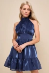 Lulus Luxurious Poise Shiny Navy Blue Organza Halter Mini Dress In Navy Blue