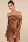 Lulus Luxurious Vision Brown Satin Off-the-shoulder Mini Dress In Brown