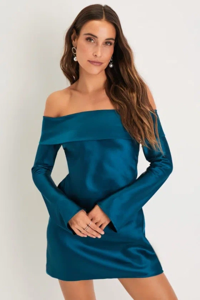 Lulus Luxurious Vision Teal Satin Off-the-shoulder Mini Dress