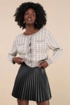 Lulus Luxuriously Comfy Taupe And Ivory Checkered Rhinestone Cardigan In Ivory