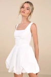 Lulus Regal Cutie White Satin Square Neck Bubble-hem Mini Dress In White