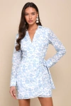Lulus Made To Charm White & Blue Floral Collared Buckle Mini Dress In White